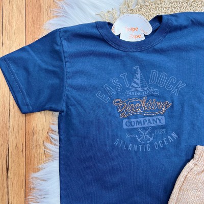 Conj. Camiseta East Dock e Bermuda em Linho - Marinho e Ferrugem